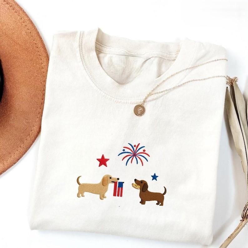 Patriotic Dachshunds Tshirt, 4th of July Pup Shirt, USA Flag Pet Tee, Independence Day Cute Shirt For Dog Mom, Trendy...