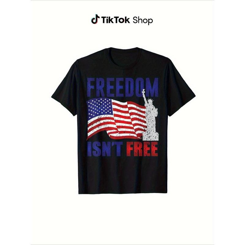 Patriotic Fourth of July Liberty Graphic T-Shirt - Soft Cotton Casual Crew Neck Tee with American Flag & Statue of...
