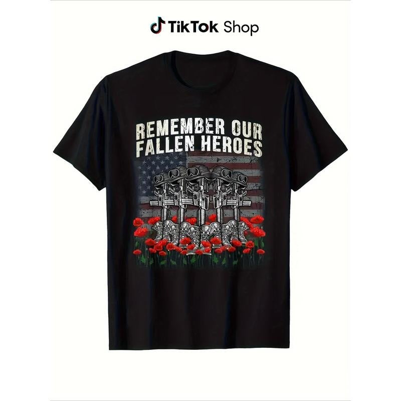 Patriotic Memorial Day TShirt Remember Our Fallen Heroes Design with Red Poppies American Flags, 100%, Short Sleeve,...