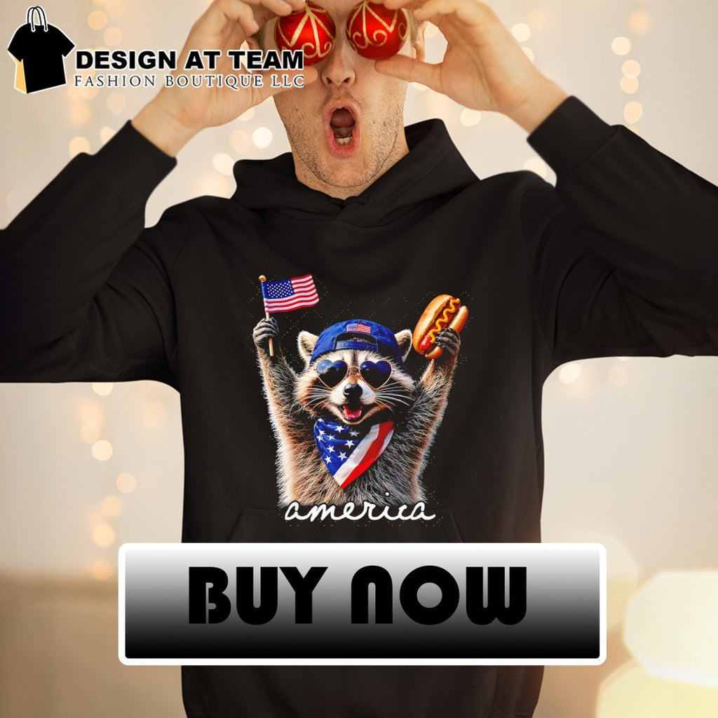 Patriotic Raccoon holding hotdog American flag 4th of July America shirt