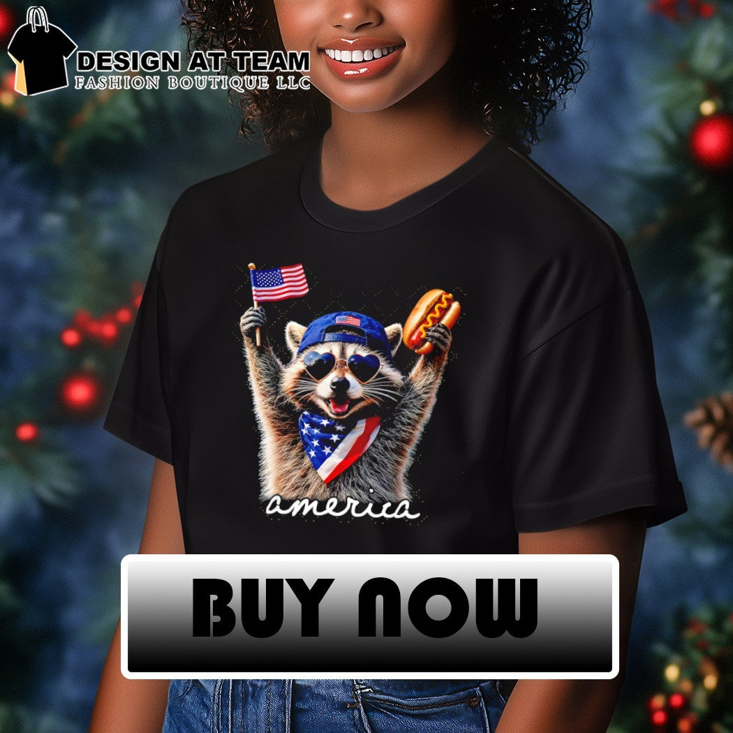 Patriotic Raccoon holding hotdog American flag 4th of July America shirt