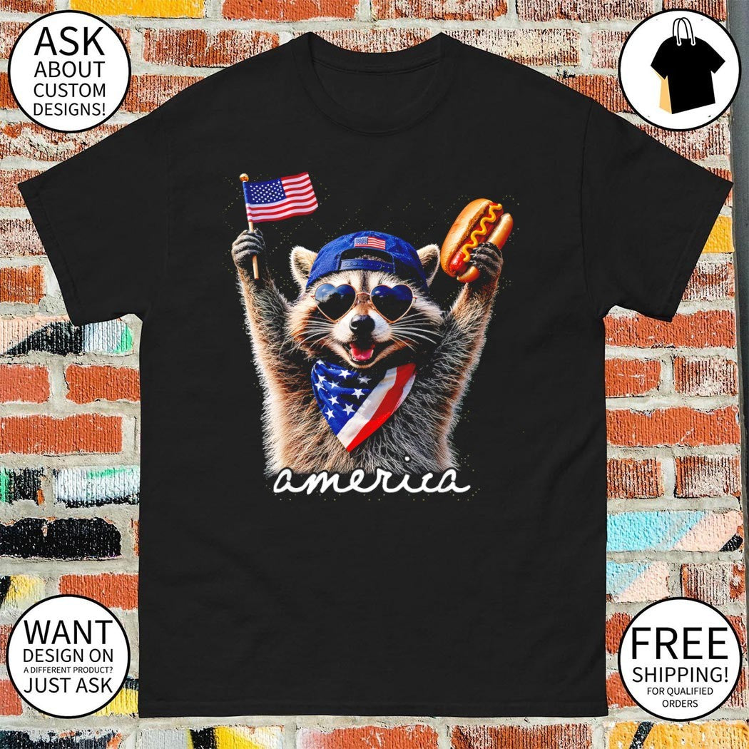 Patriotic Raccoon holding hotdog American flag 4th of July America shirt