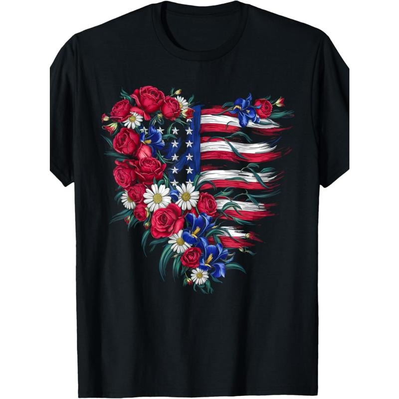 Patriotic USA Flag & Floral Heart Design T-Shirt - 100% Breathable Fabric, Machine Washable Casual Round Neck Tee for...