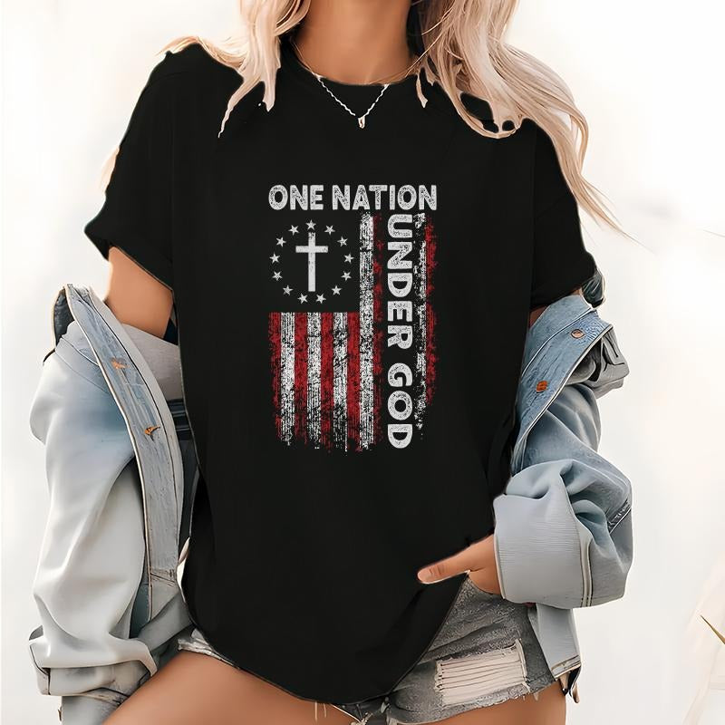 Patriotic Women's T - Shirt with "ONE NATION UNDER GOD" Text and Cross