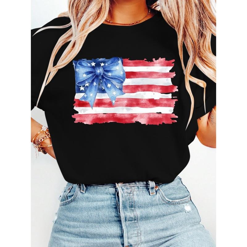 Patriotic and Chic T - Shirt: Show Your National Pride with a Stylish American Flag Design Embellished with a Bow
