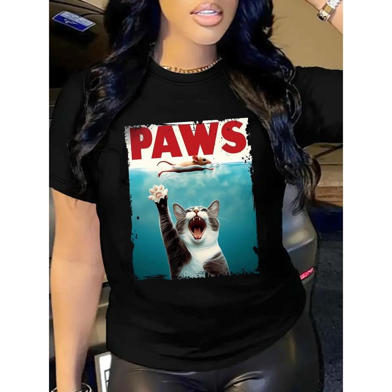 Paws Print Crew Neck T-Shirt, Casual Short Sleeve T-Shirt For Spring & Summer, Women's Clothing style 02 Hoodie, Sweatshirt