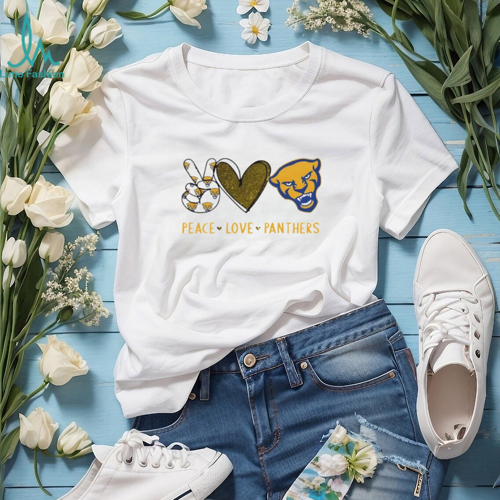 Peace Love Panthers Pitt University Mascot Glitter Graphic T Shirt