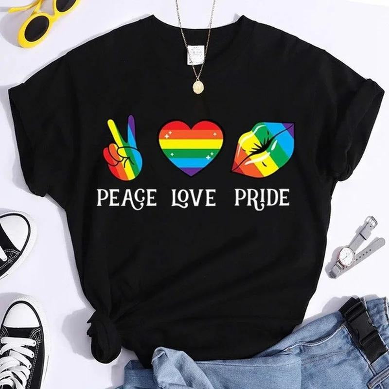 Peace Love Pride Colorful Print Women T Shirt Short Sleeve O Neck Loose Women Tshirt Ladies Tee Shirt Tops Hoodie, Sweatshirt