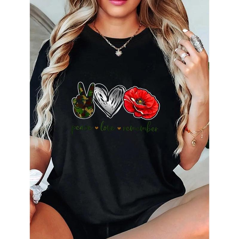 Peace Love Remember Red Poppy Flower Soldier Veteran Day T-Shirt Women T Shirt, Short Sleeve Round Neck Casual Top For...
