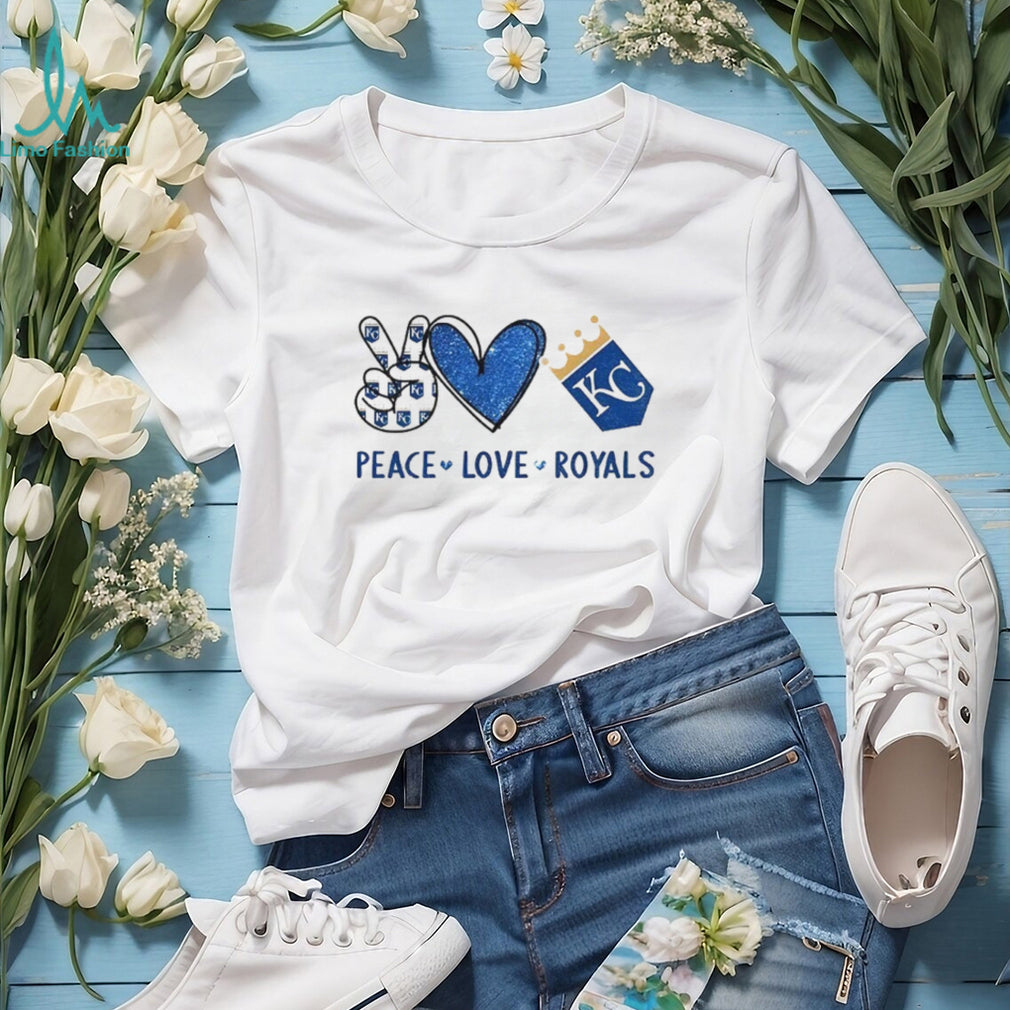Peace Love Royals Kansas City Baseball Fan Blue Glitter Logo T shirt