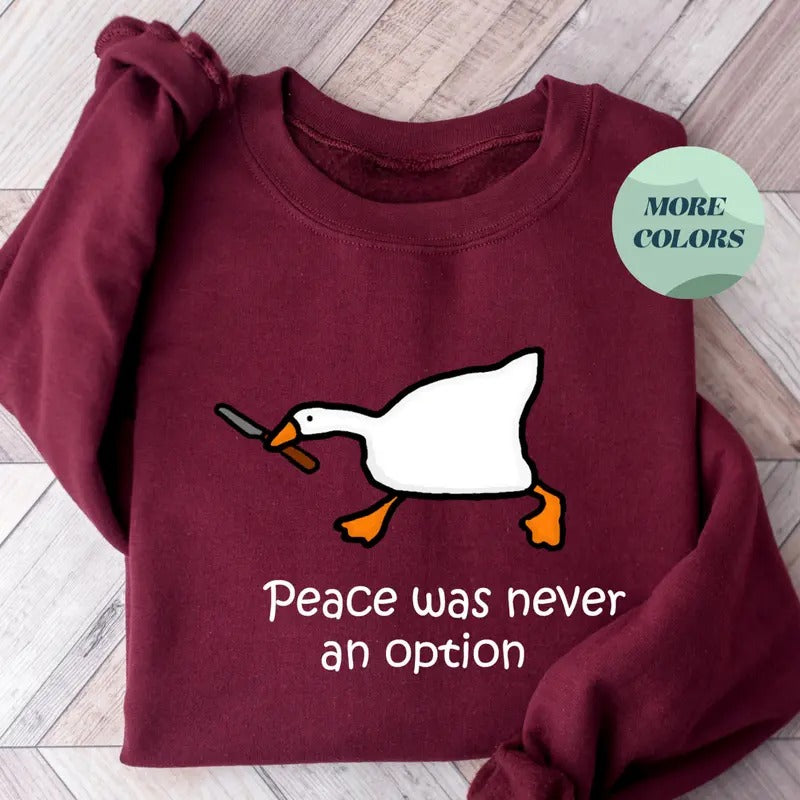 Peace Was Never An Option Sweatshirt, Funny Murder Duck and Goose Sweater, Quirky Preppy Apparel, Perfect for Animal...