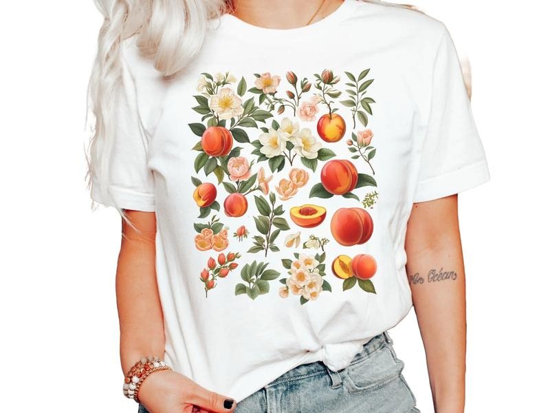 Peaches Shirt, Cottagecore Clothing, Botanical Shirt, Vintage Cottagecore Shirt, Fruit Tee, Fairycore Shirt, Floral...