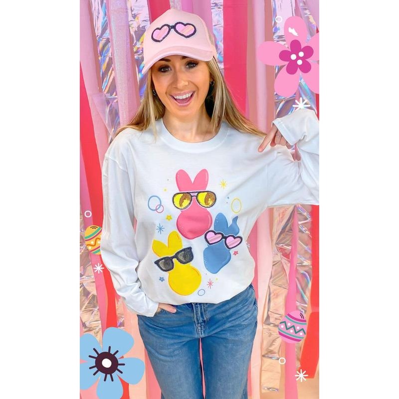Peeps with Sequin Sunglasses Easter Graphic Long Sleeve T-Shirt Hoodie, Sweatshirt | UrbanDripWear.com