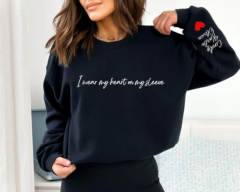 Personalized I Wear My Heart On My Sleeve Sweatshirt, Gift For Mom, Mama Sweatshirt With Kids Name On Sleeve, Mothers Day...