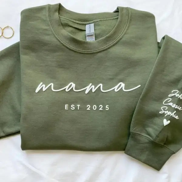 Personalized Mama Est Sweatshirt with Kid Names on Sleeve, Mothers Day Gift, Birthday Gift for Mom T-Shirts, Hoodie