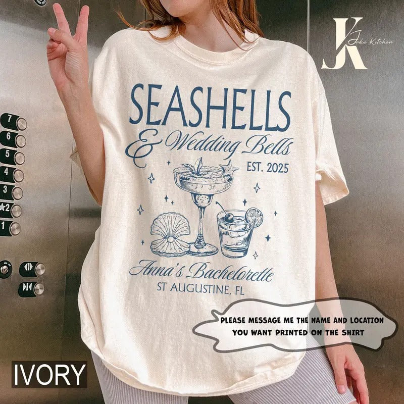 Personalized Seashells and Wedding Bells Bachelorette Party Shirt, Coastal Bridal Shower, Luxury Bach, Girls Weekend...