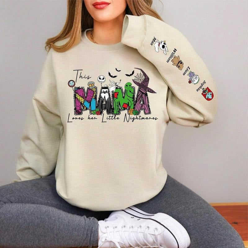 Personalized Spooky Mama Sweatshirt - Custom Halloween Characters & Kids' Names on Sleeve - This Mama Loves Her...