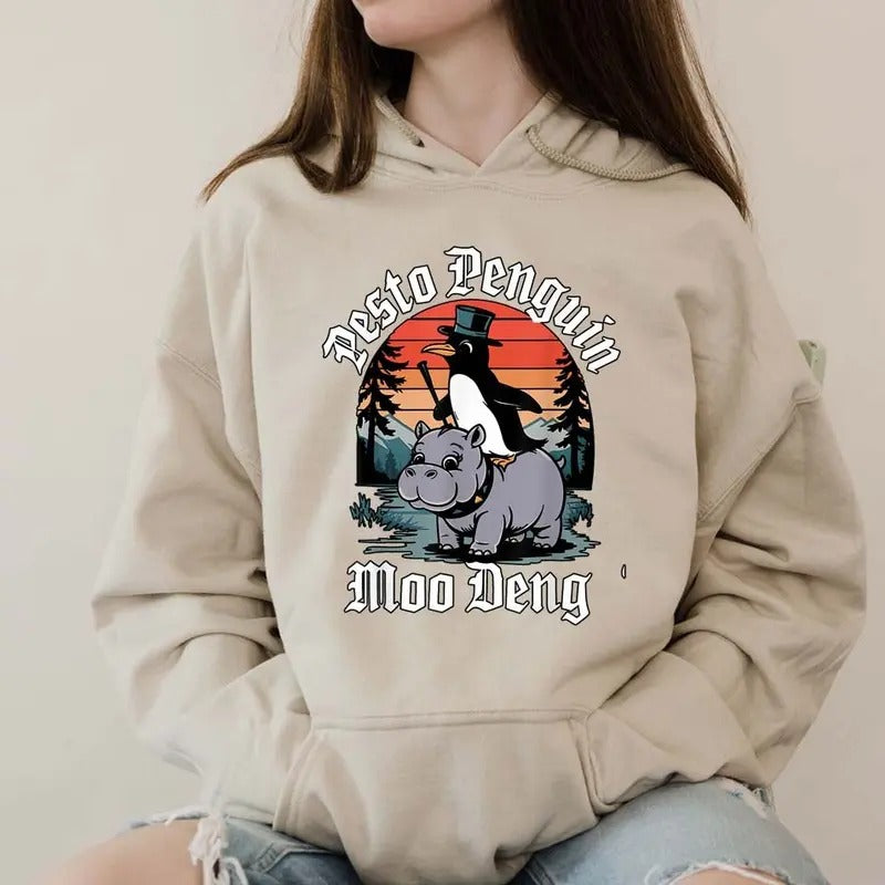 Pesto The Penguin And Moo Deng The Baby Hippo Funny Hoodie Casual Street Style Fleece Pullover Hooded Sweatshirt Tops...
