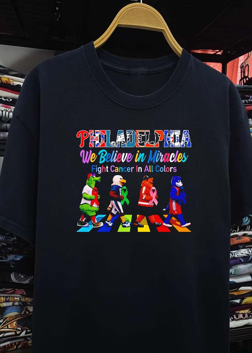Philadelphia Mascots Fight Cancer in All Colors We Believe in Miracles T-Shirt