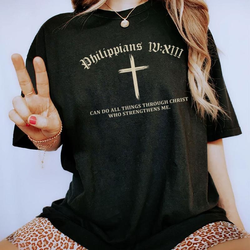 Philippians 4:13 Tee, Christian Graphic Tee Women, Bible Verse Christian Printed Women Tops, Religious Shirt, Comfy...