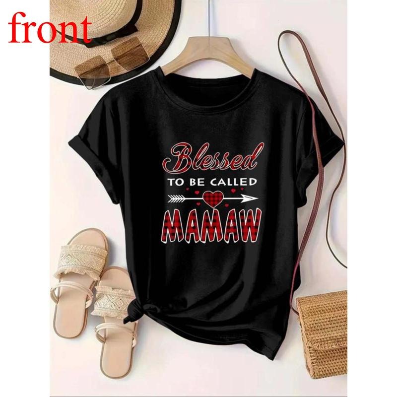 Plaid & Letter Print Round Neck Tee, Casual Short Sleeve Crew Neck T-shirt for Summer, Women's Clothing for Daily Wear...