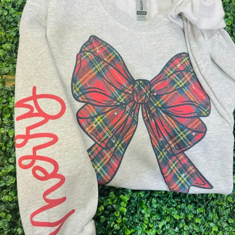 Plaid Bow Sweatshirt | Merry Christmas Sweatshirt T-Shirts, Hoodie | UrbanDripWear.com