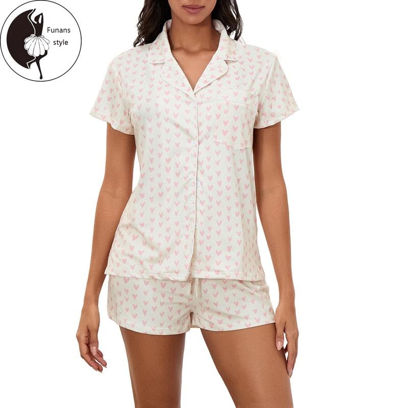 Women's Summer Loungewear Set, Heart/Plaid Print Short Sleeve Lapel T-Shirt + Elastic Waist Shorts Sleepwear Hoodie,...