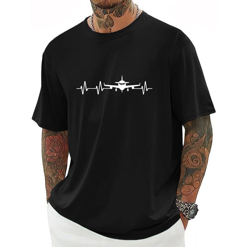 Plane Print Men's Fashion T-Shirt, Casual Crew Neck Short Sleeve Tee Comfy Breathable Top For Spring Summer Holiday...