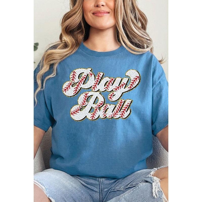 Play Ball Baseball Faux Chenille Patch Transfer Short Sleeve Relaxed Fit T-Shirt Hoodie, Sweatshirt | UrbanDripWear.com