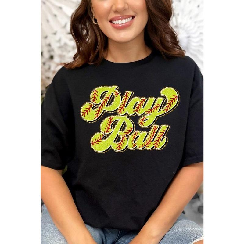 Play Ball Softball Faux Chenille Patch Transfer Short Sleeve Relaxed Fit T-Shirt Hoodie, Sweatshirt | UrbanDripWear.com