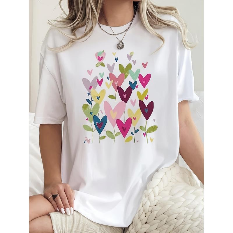 [Playful Charm] Women's Casual Round Neck T-Shirt, Colorful Heart and Floral Print, Soft Knitted Fabric, Short Sleeves,...
