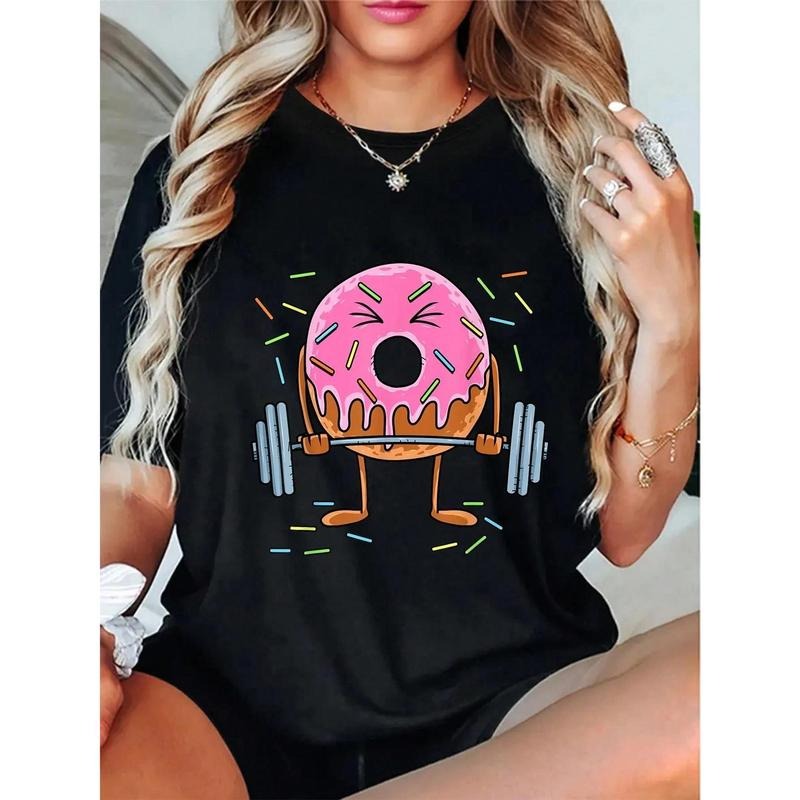 Playful T - Shirt with a Donut Lifting Weights: A Whimsical Take on Fitness and Indulgence Hoodie, Sweatshirt |...