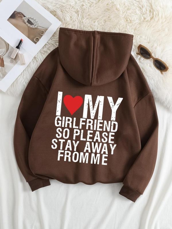 Plus Size "I LOVE MY GF" Print Drop Shoulder Hoodie, Fashion Casual Drawstring Pocket Hooded Sweatshirt for Daily Holiday...