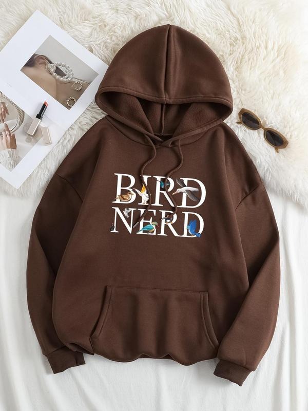 Plus Size Bird & Letter Print Drop Shoulder Long Sleeve Hoodie, Fashion Drawstring Kangaroo Pocket Hooded Sweatshirt for...