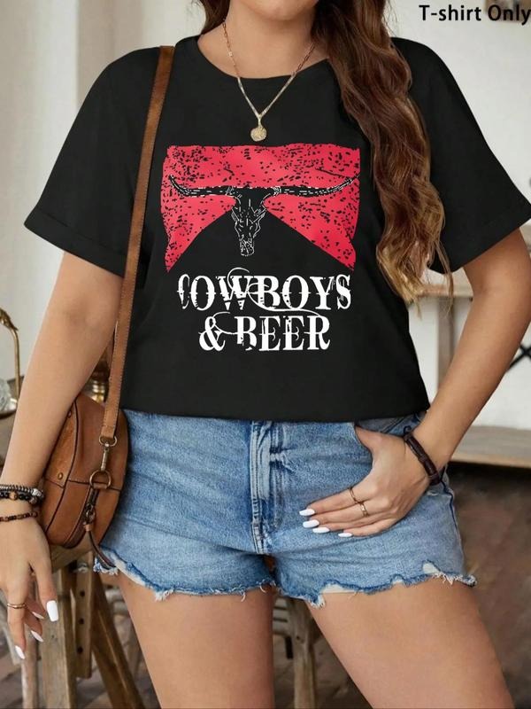 Plus Size Bull & Letter Print Round Neck Tee, Casual Short Sleeve Graphic T-shirt, Women's Summer Outfit for Daily Wear...