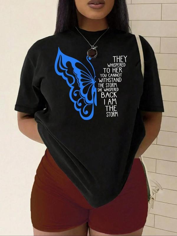 Plus Size Butterfly & Letter Print Round Neck Tee, Casual Short Sleeve T-shirt for Summer, Women's Plus Clothing for...