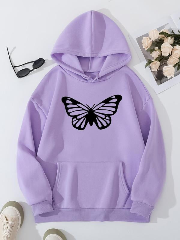 Plus Size Butterfly Print Drop Shoulder Hoodie, Fashion Casual Drawstring Pocket Hooded Sweatshirt for Daily Holiday...