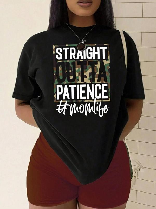 Plus Size Camo Letter Print Round Neck Tee, Casual Short Sleeve Crew Neck T-Shirt, Women's Plus Clothing for Daily Wear...