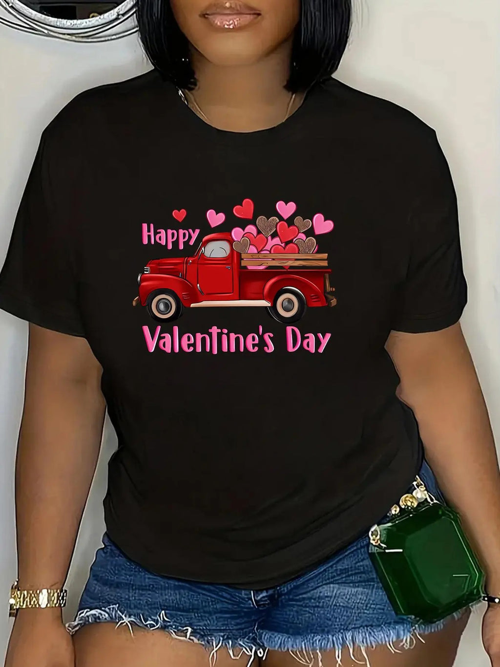 Plus Size Cartoon Car & Heart Print Round Neck Tee, Casual Short Sleeve T-shirt for Daily Wear, Women Plus Clothing for...