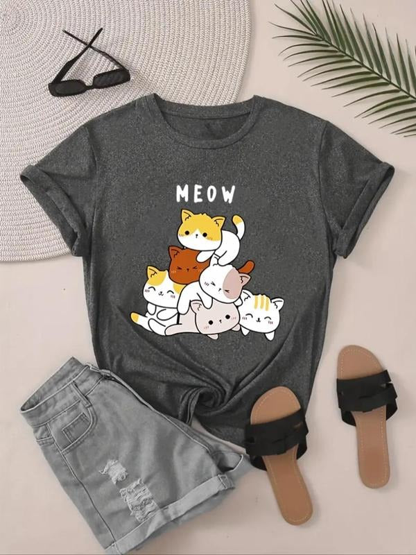 Plus Size Cartoon Cat & Letter Print Round Neck Tee, Cute Short Sleeve T-shirt for Summer, Women's Plus Clothing for...