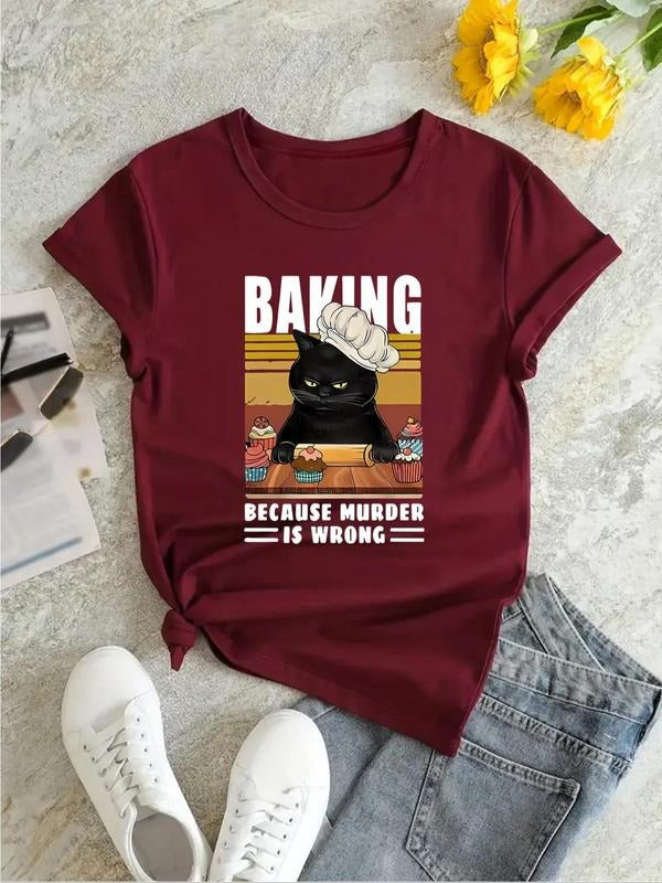 Plus Size Cartoon Cat & Letter Print Round Neck Tee, Fashion Casual Crew Neck T-shirt for Daily Holiday Outdoor Wear,...