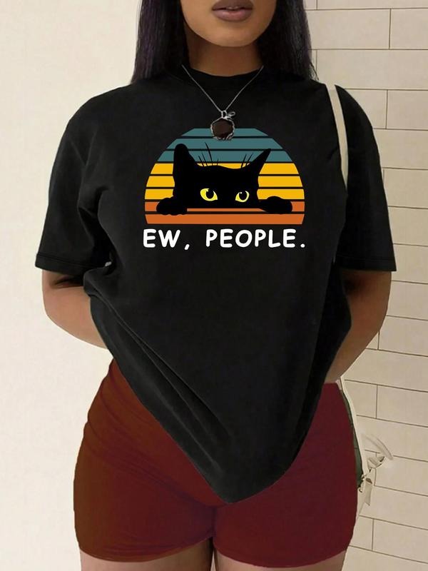 Plus Size Cartoon Cat Graphic Print Round Neck Tee, Casual Short Sleeve T-shirt, Women's Plus Size Summer Clothing for...