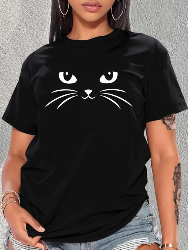 Plus Size Cartoon Cat Print Round Neck Tee, Casual Short Sleeve Crew Neck T-shirt, Women's Plus Clothing for Summer Daily...