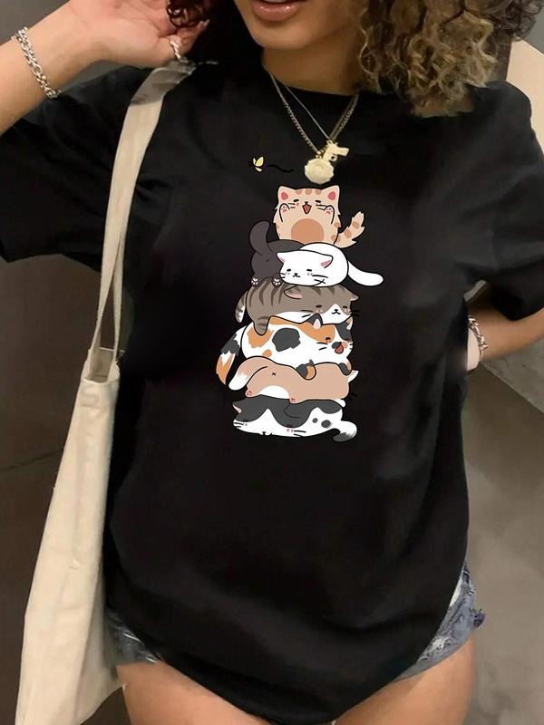 Plus Size Cartoon Cat Print Round Neck Tee, Casual Short Sleeve Graphic T-shirt, Women Plus Clothing for Summer Hoodie,...