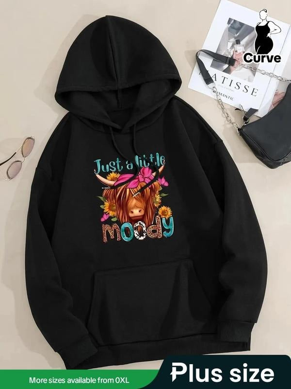 Plus Size Cartoon Cow & Letter Print Drop Shoulder Hoodie, Fashion Casual Drawstring Pocket Hooded Sweatshirt for Daily...