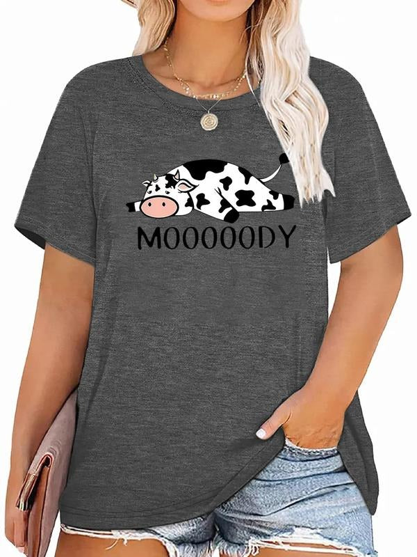 Plus Size Cartoon Cow & Letter Print Tee, Casual Short Sleeve Crew Neck T-Shirt, Women's Plus Clothing for Daily Wear...