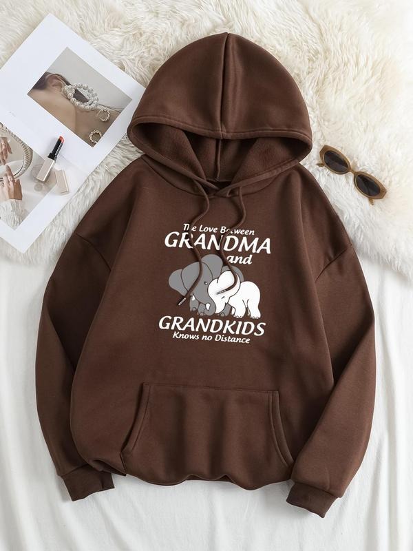 Plus Size Cartoon Elephant & Letter Print Drop Shoulder Hoodie, Fashion Casual Drawstring Pocket Hooded Sweatshirt for...
