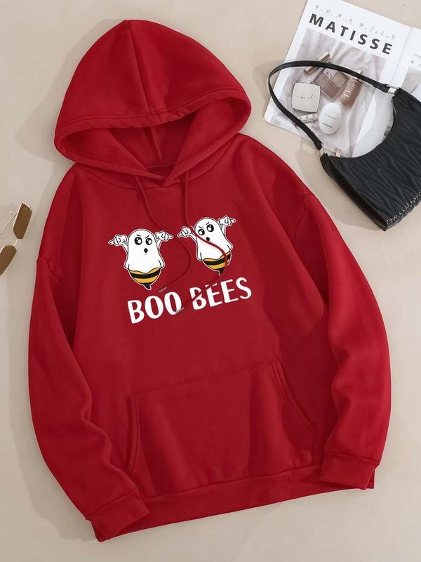 Plus Size Cartoon Ghost & Letter Print Drop Shoulder Hoodie, Fashion Casual Drawstring Pocket Hooded Sweatshirt for Daily...