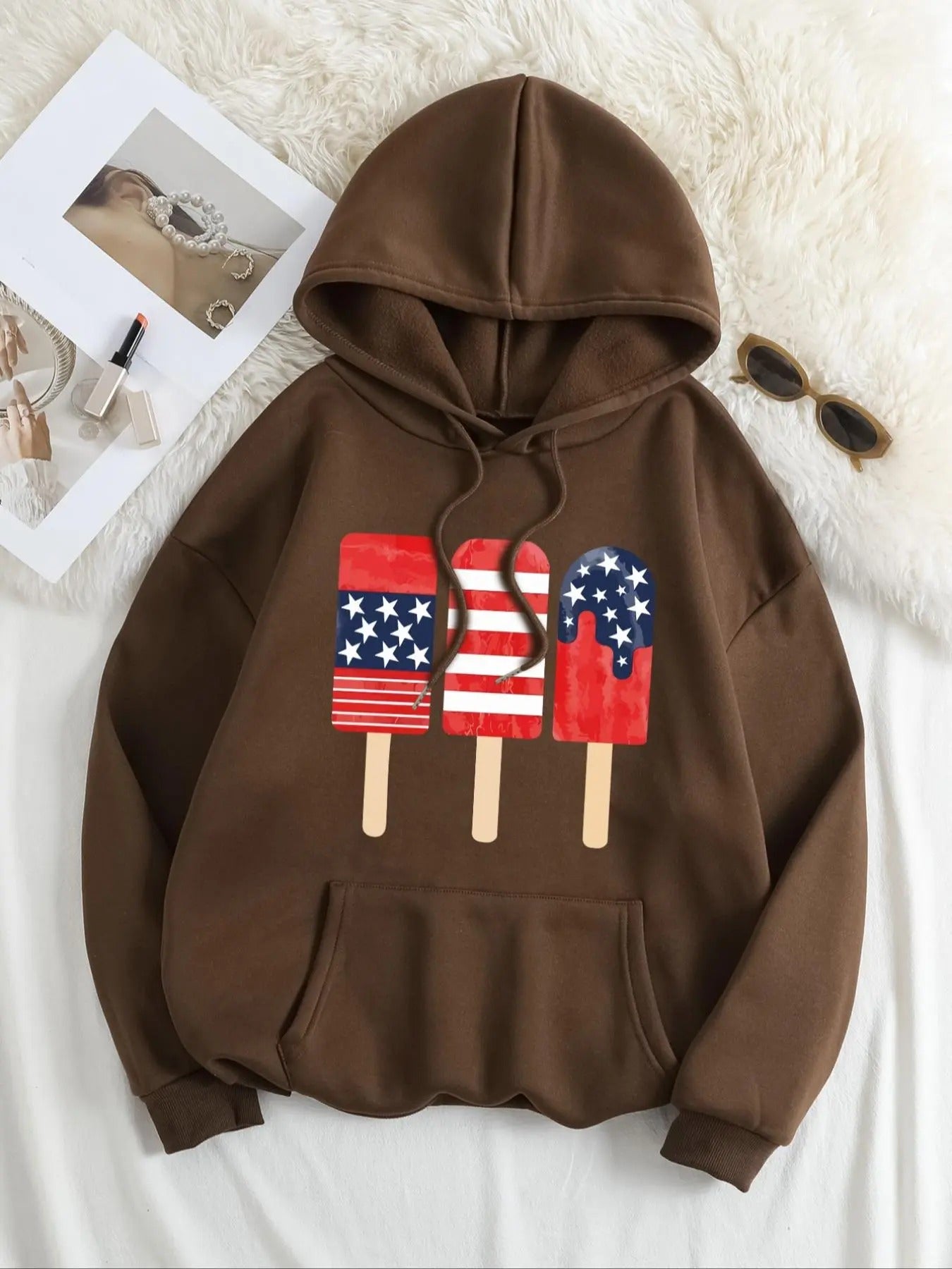 Plus Size Cartoon Graphic Print Drop Shoulder Drawstring Hoodie, Casual Pocket Hooded Sweatshirt for Daily Wear, Women's...