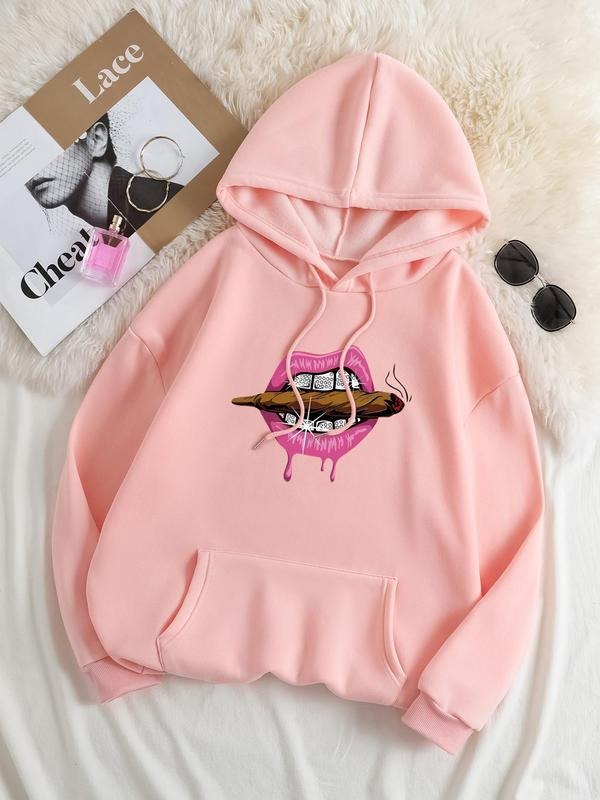 Plus Size Cartoon Lip Print Drop Shoulder Drawstring Hoodie, Fashion Casual Pocket Hooded Sweatshirt for Daily Outdoor...
